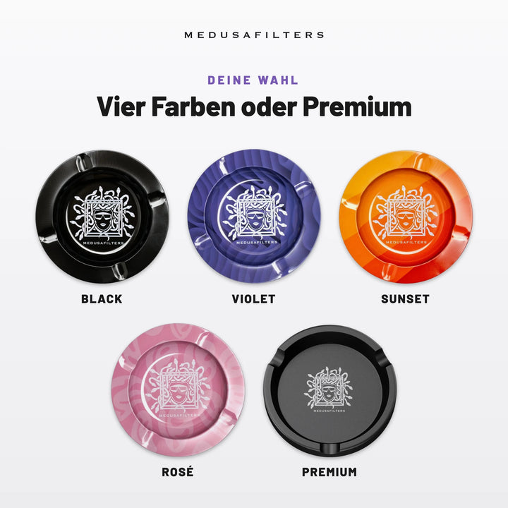 Vier Farben oder Premium: Aschenbecher in BLACK, VIOLET, SUNSET, ROSÉ und der Premium-Aschenbecher