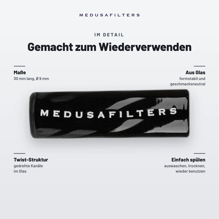 Gemacht zum Wiederverwenden: Twisted Glasfilter BLACK, 30 mm lang, Ø 9 mm. Aus Glas, formstabil und geschmacksneutral; Twist-Struktur mit gedrehten Kanälen; einfach spülen, trocknen, wieder benutzen