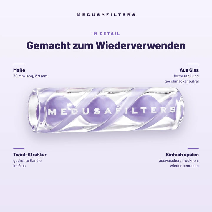 Gemacht zum Wiederverwenden: Twisted Glasfilter PASTA, 30 mm lang, Ø 9 mm. Aus Glas, formstabil und geschmacksneutral; Twist-Struktur mit gedrehten Kanälen; einfach spülen, trocknen, wieder benutzen