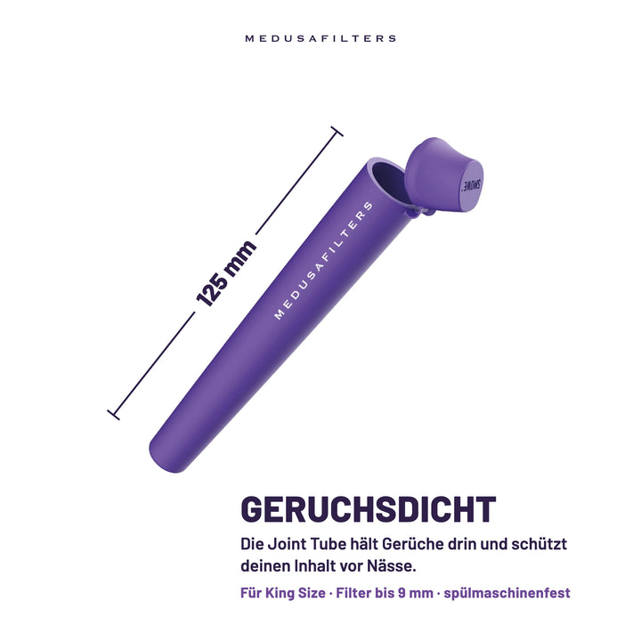 Joint Tube VIOLET, 125 mm lang, mit geöffnetem Deckel. Geruchsdicht: hält Gerüche drin und schützt deinen Inhalt vor Nässe. Für King Size, Filter bis 9 mm, spülmaschinenfest