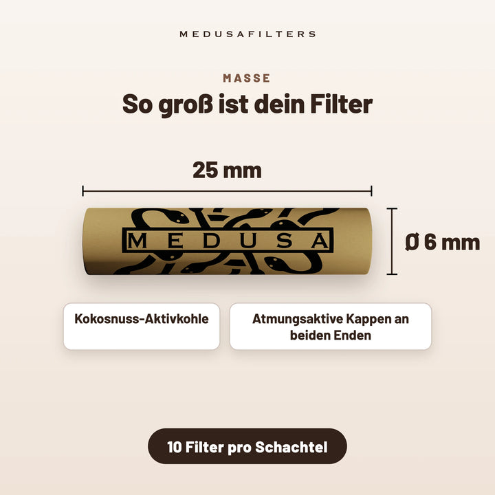 So groß ist dein Filter: ORGANIC Aktivkohlefilter, 25 mm lang, Ø 6 mm, mit Kokosnuss-Aktivkohle und atmungsaktiven Kappen an beiden Enden, 10 Filter pro Schachtel