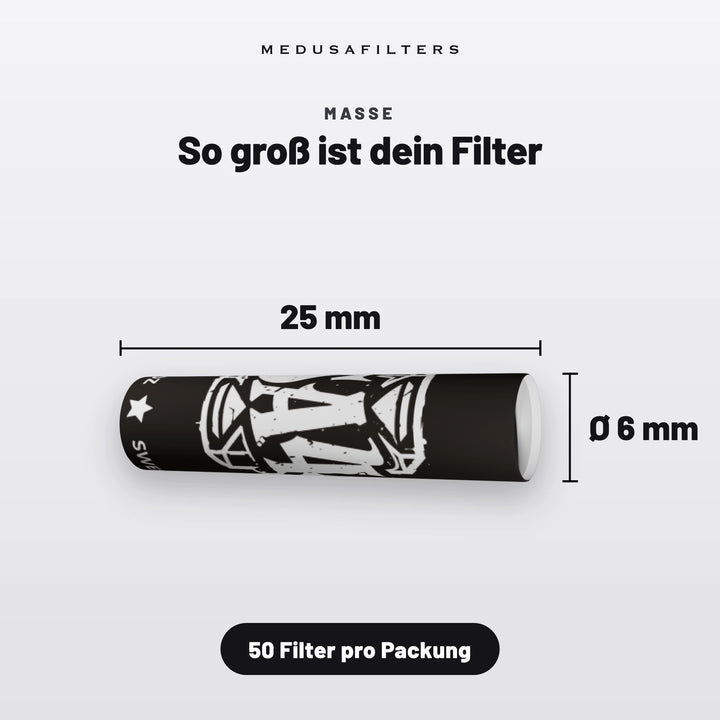 So groß ist dein Filter: Aktivkohlefilter im Design von SA4, 25 mm lang, Ø 6 mm, 50 Filter pro Packung