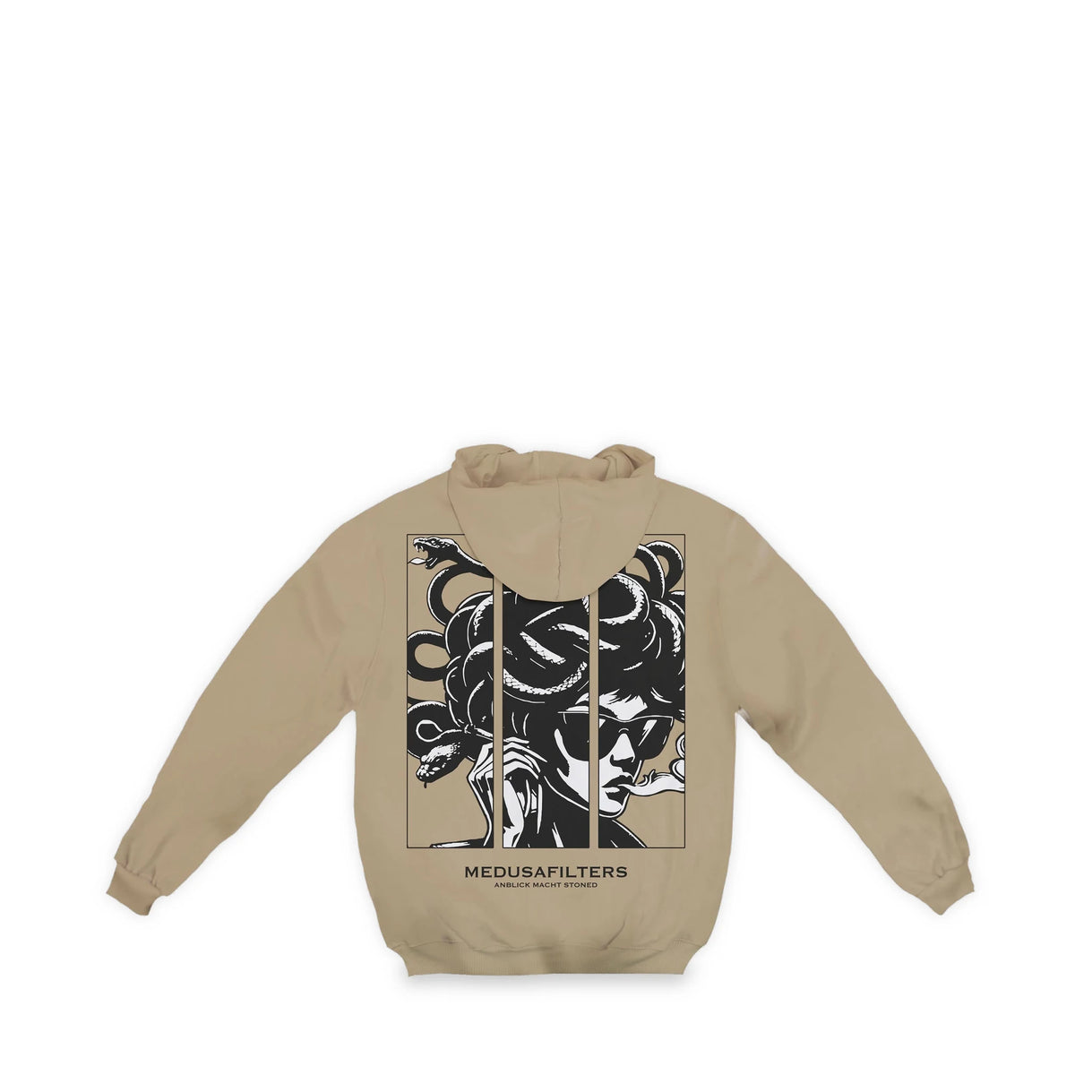Medusafilters Hoodie Beige, Rückseite mit Medusa-Kopf und Sonnenbrille