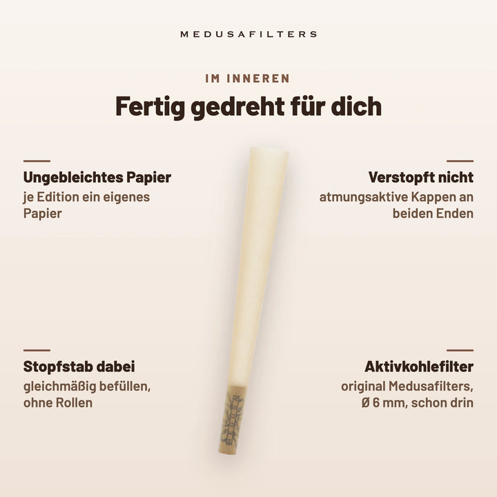 Fertig gedreht für dich: Pre-Rolled Cone ORGANIC mit ungebleichtem Papier; Aktivkohlefilter Ø 6 mm schon drin; verstopft nicht dank atmungsaktiver Kappen an beiden Enden; Stopfstab dabei