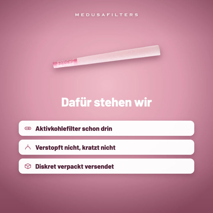 Dafür stehen wir: Pre-Rolled Cone ROSÉ. Aktivkohlefilter schon drin, verstopft nicht, kratzt nicht, diskret verpackt versendet