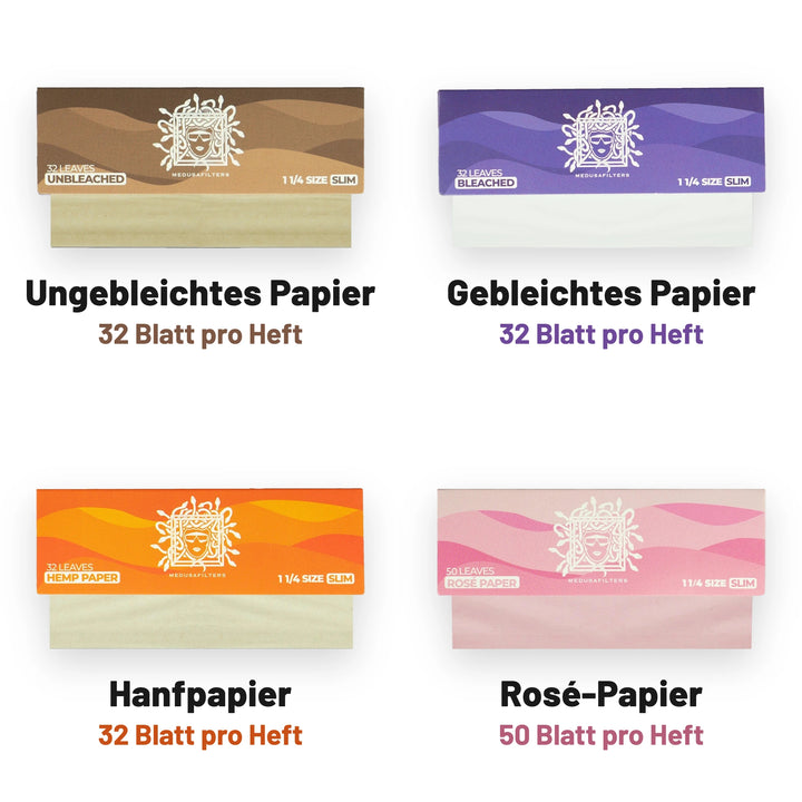 Shortpapers in vier Papieren: ungebleicht, gebleicht und Hanf mit je 32 Blatt pro Heft, Rosé-Papier mit 50 Blatt pro Heft