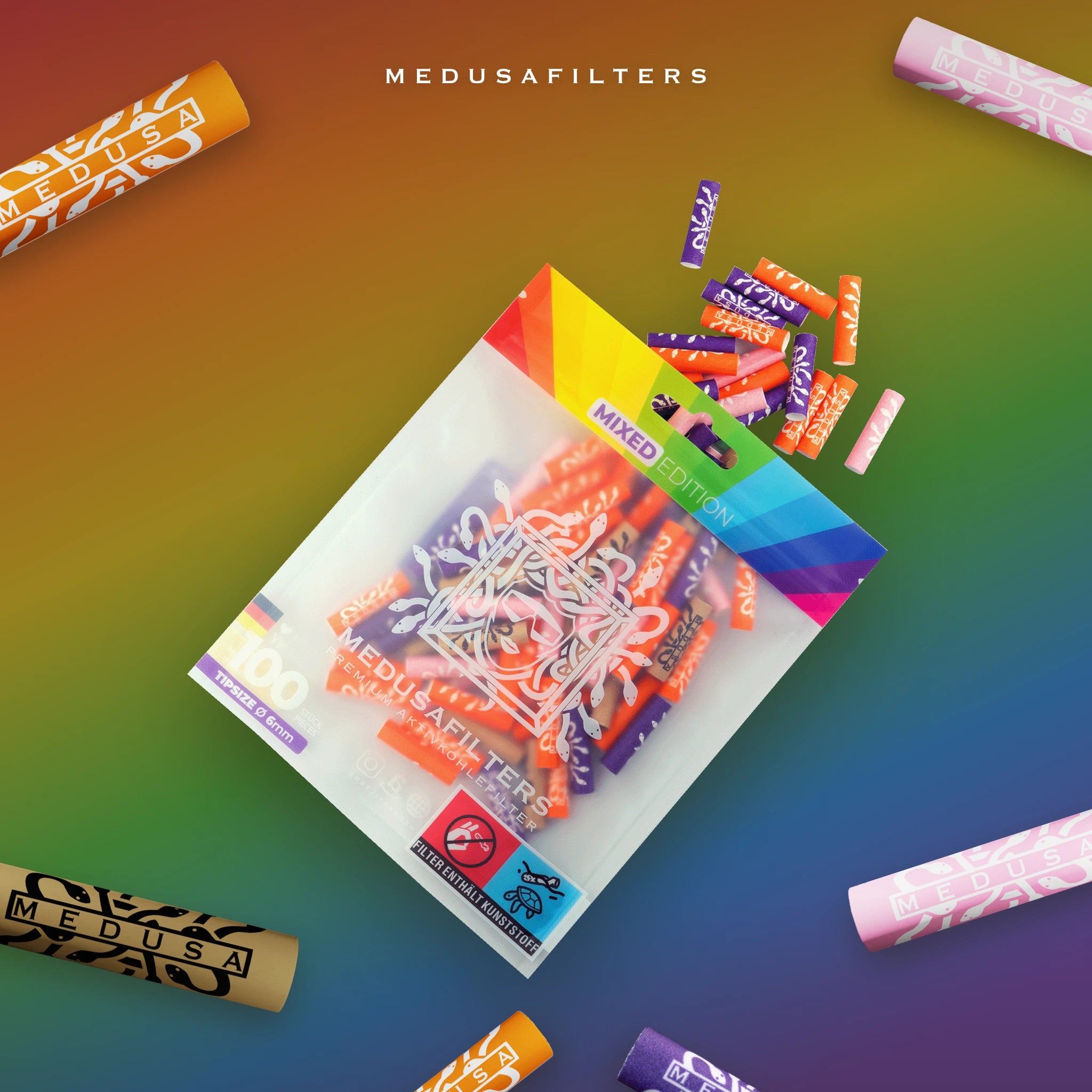 Medusafilters MIXED Edition 100er Packung mit Aktivkohlefiltern in allen Farben